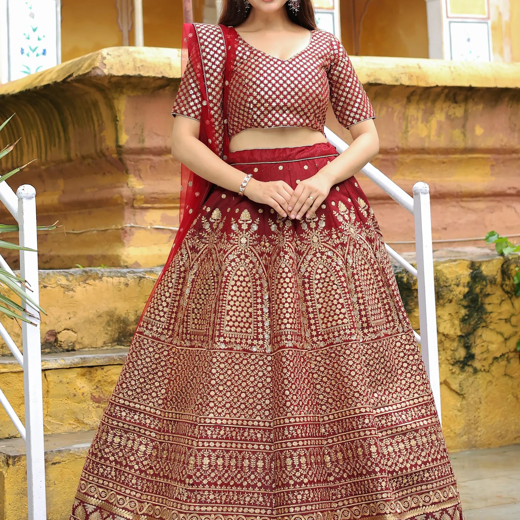 Beautiful Maroon Sequins Raw Silk Bridal Lehenga Choli With Dupatta - Zeel Clothing