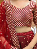 Beautiful Maroon Sequins Raw Silk Bridal Lehenga Choli With Dupatta - Zeel Clothing