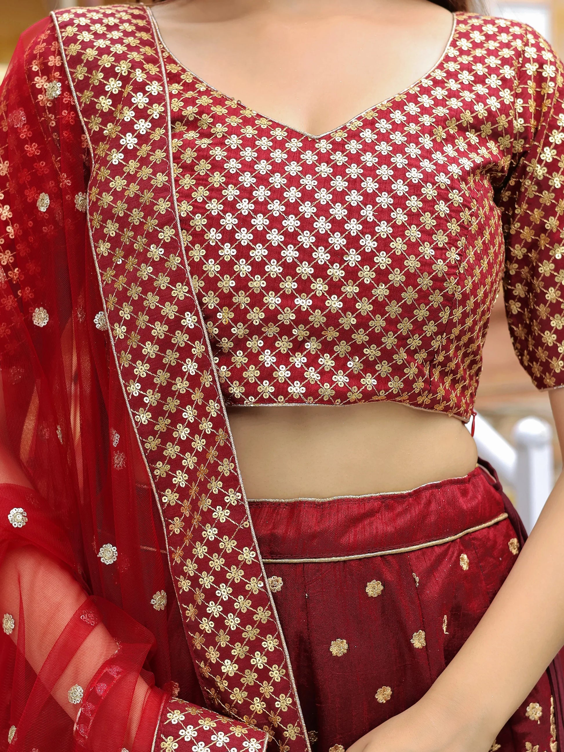 Beautiful Maroon Sequins Raw Silk Bridal Lehenga Choli With Dupatta - Zeel Clothing