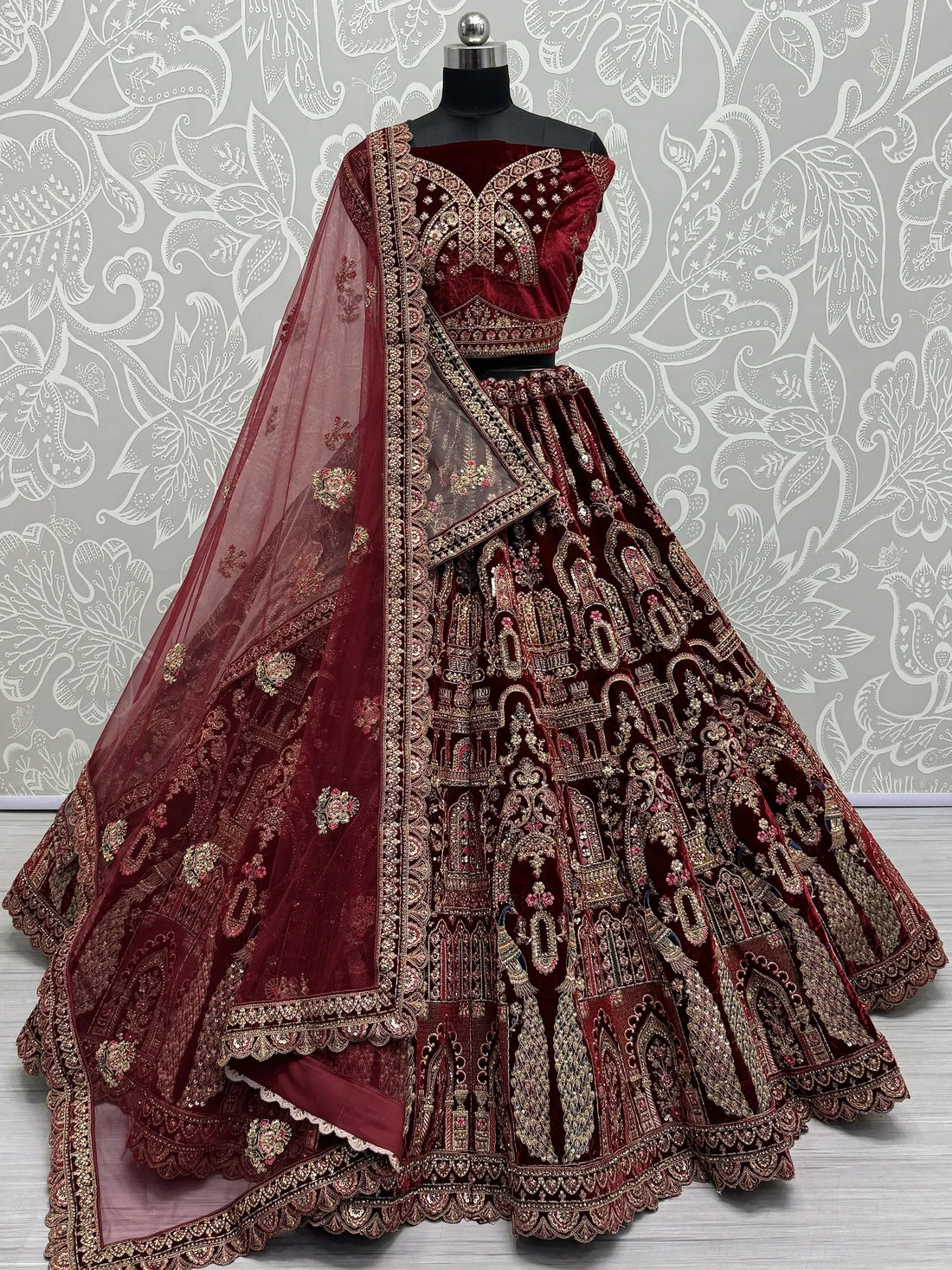 Beautiful Maroon Velvet Bridal Lehenga Choli With Double Dupatta - Zeel Clothing