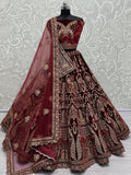 Beautiful Maroon Velvet Bridal Lehenga Choli With Double Dupatta - Zeel Clothing