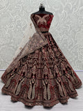 Beautiful Maroon Velvet Bridal Lehenga Choli With Double Dupatta - Zeel Clothing