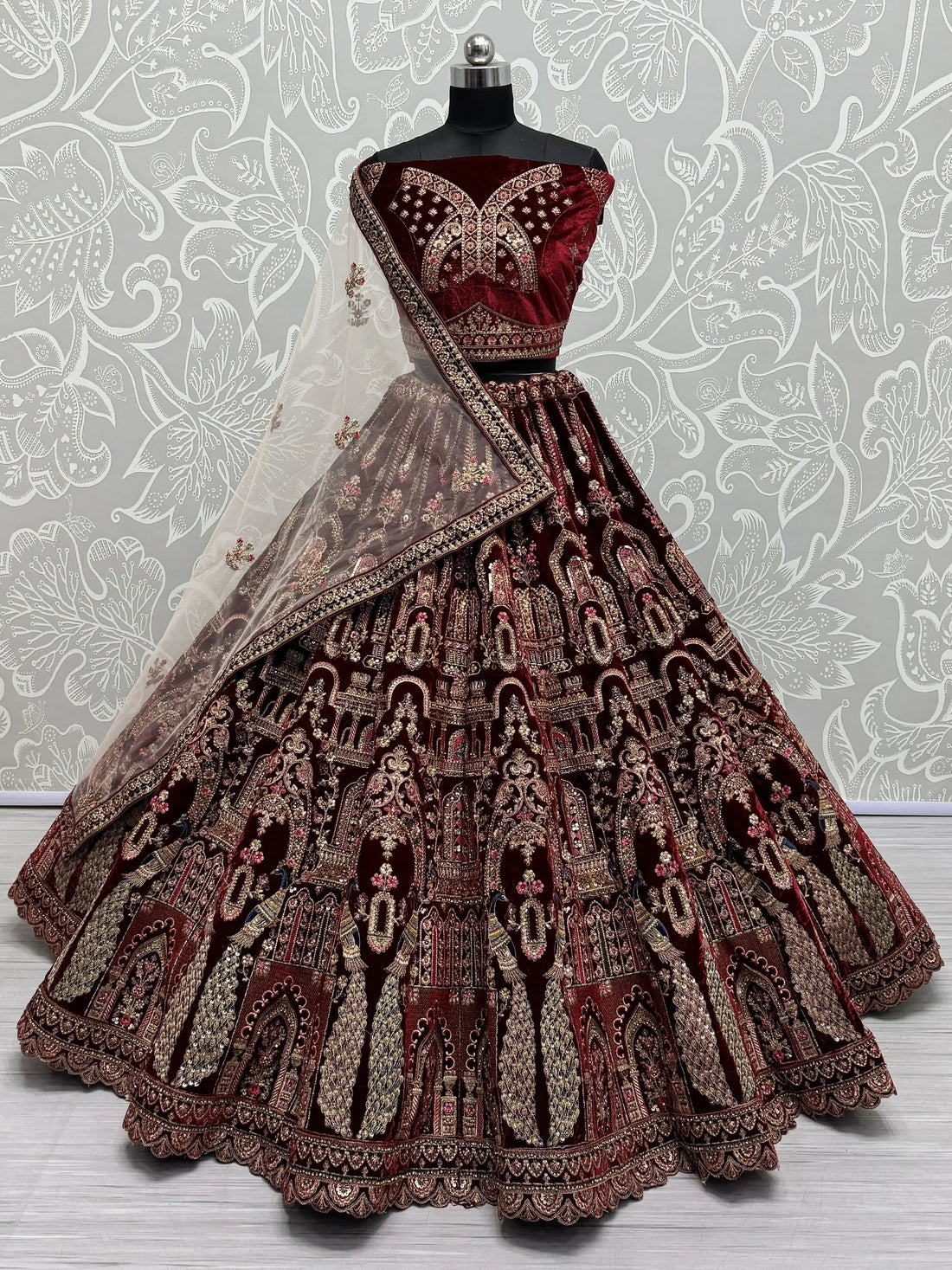 Beautiful Maroon Velvet Bridal Lehenga Choli With Double Dupatta - Zeel Clothing