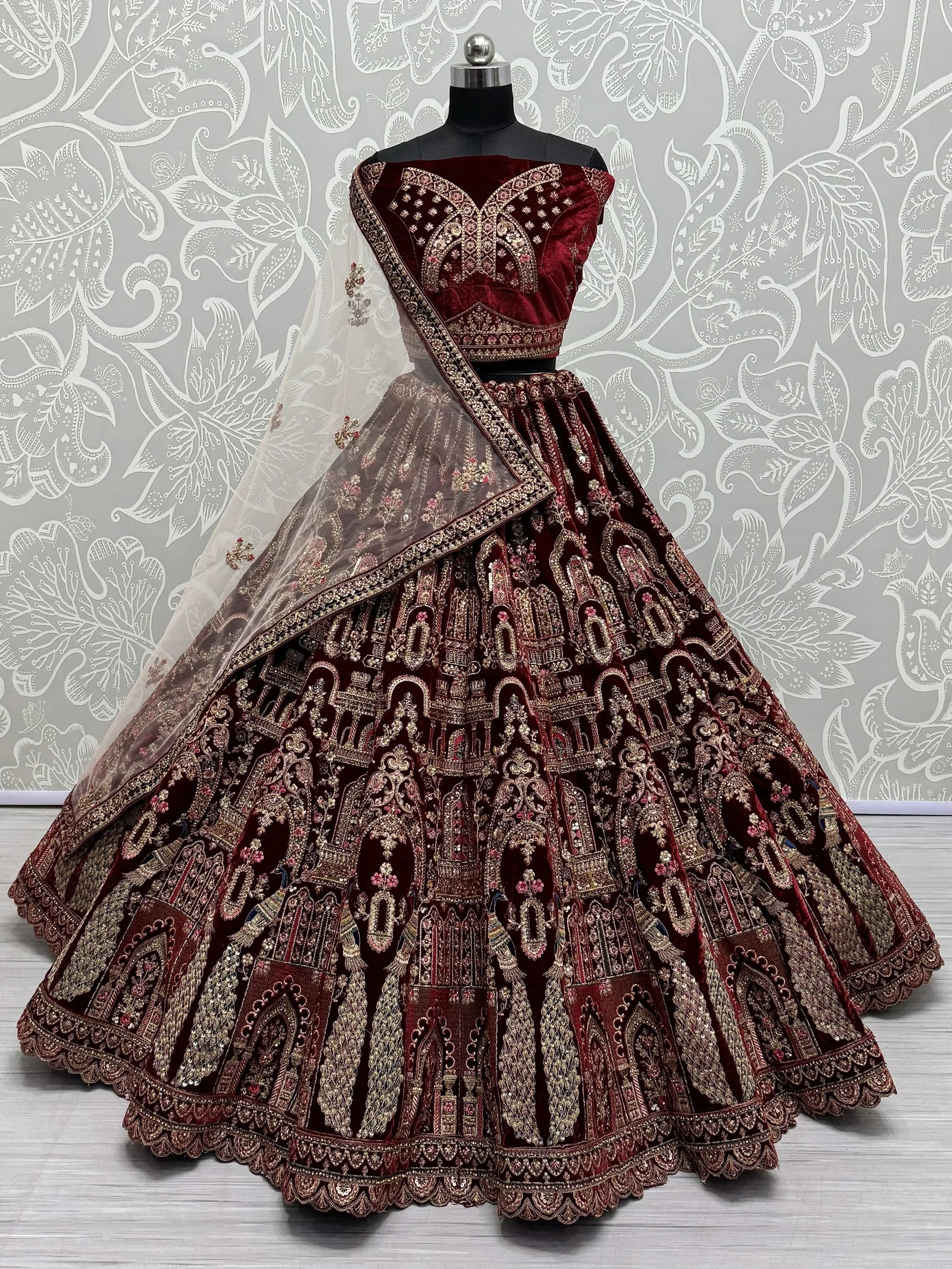 Beautiful Maroon Velvet Bridal Lehenga Choli With Double Dupatta - Zeel Clothing