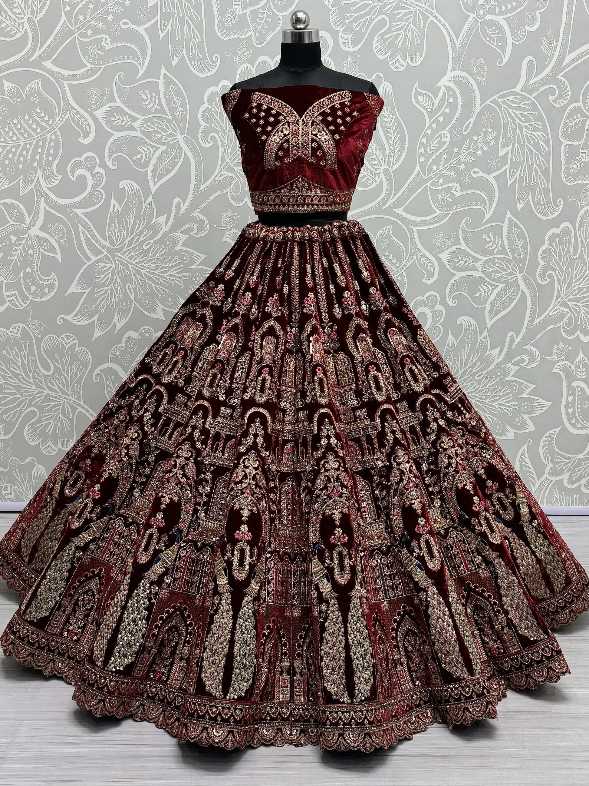 Beautiful Maroon Velvet Bridal Lehenga Choli With Double Dupatta - Zeel Clothing