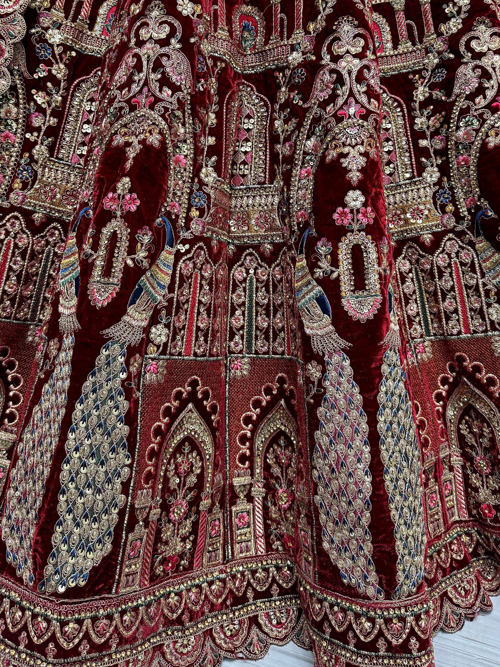 Beautiful Maroon Velvet Bridal Lehenga Choli With Double Dupatta - Zeel Clothing