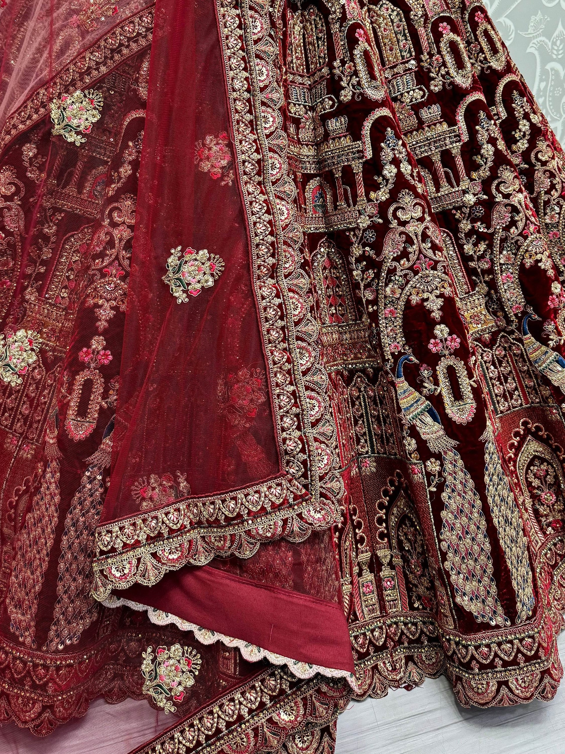 Beautiful Maroon Velvet Bridal Lehenga Choli With Double Dupatta - Zeel Clothing