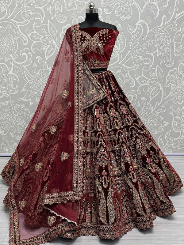 Beautiful Maroon Velvet Bridal Lehenga Choli With Double Dupatta - Zeel Clothing