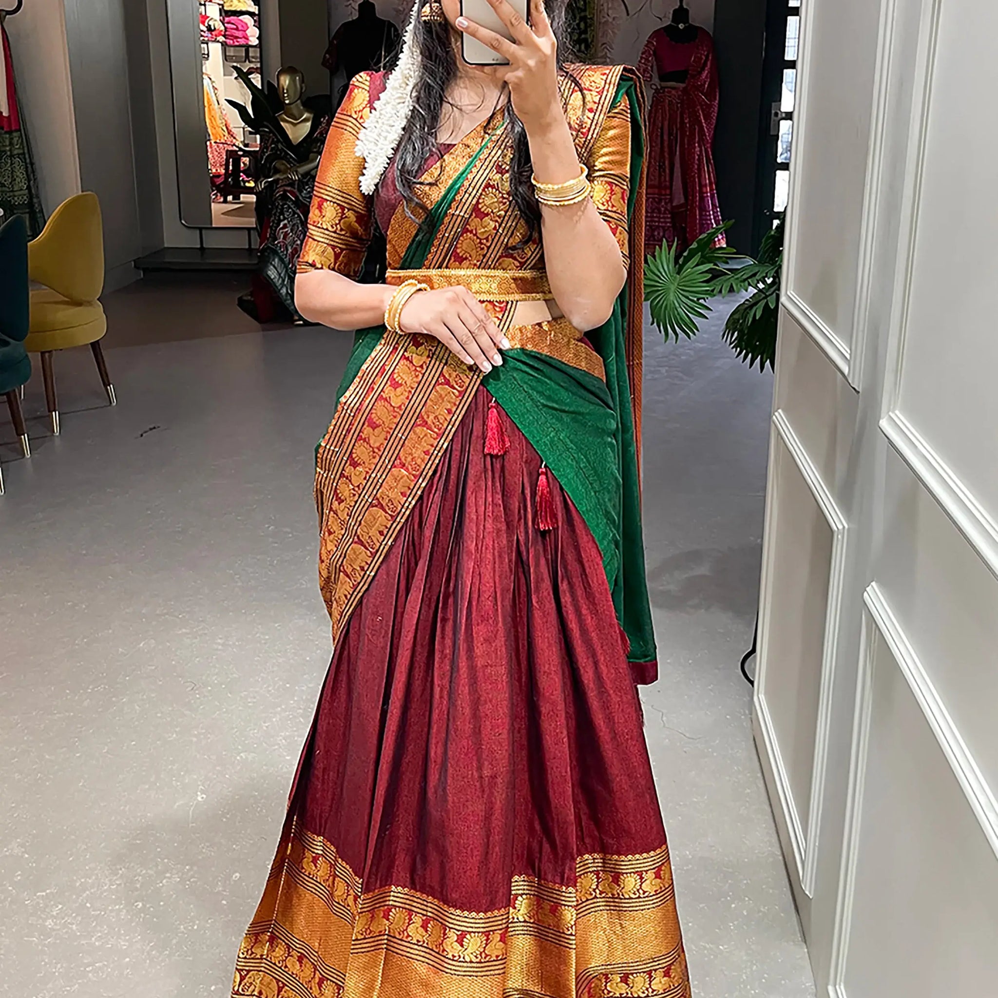 Beautiful Maroon Zari Cotton Half Saree Lehenga With Belt - Zeel Clothing
