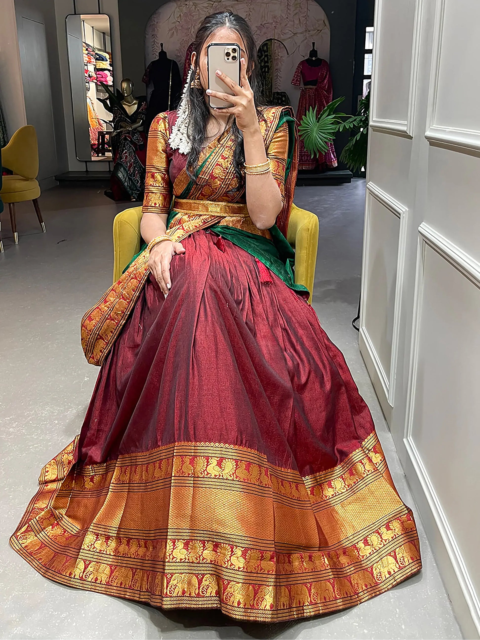 Beautiful Maroon Zari Cotton Half Saree Lehenga With Belt - Zeel Clothing