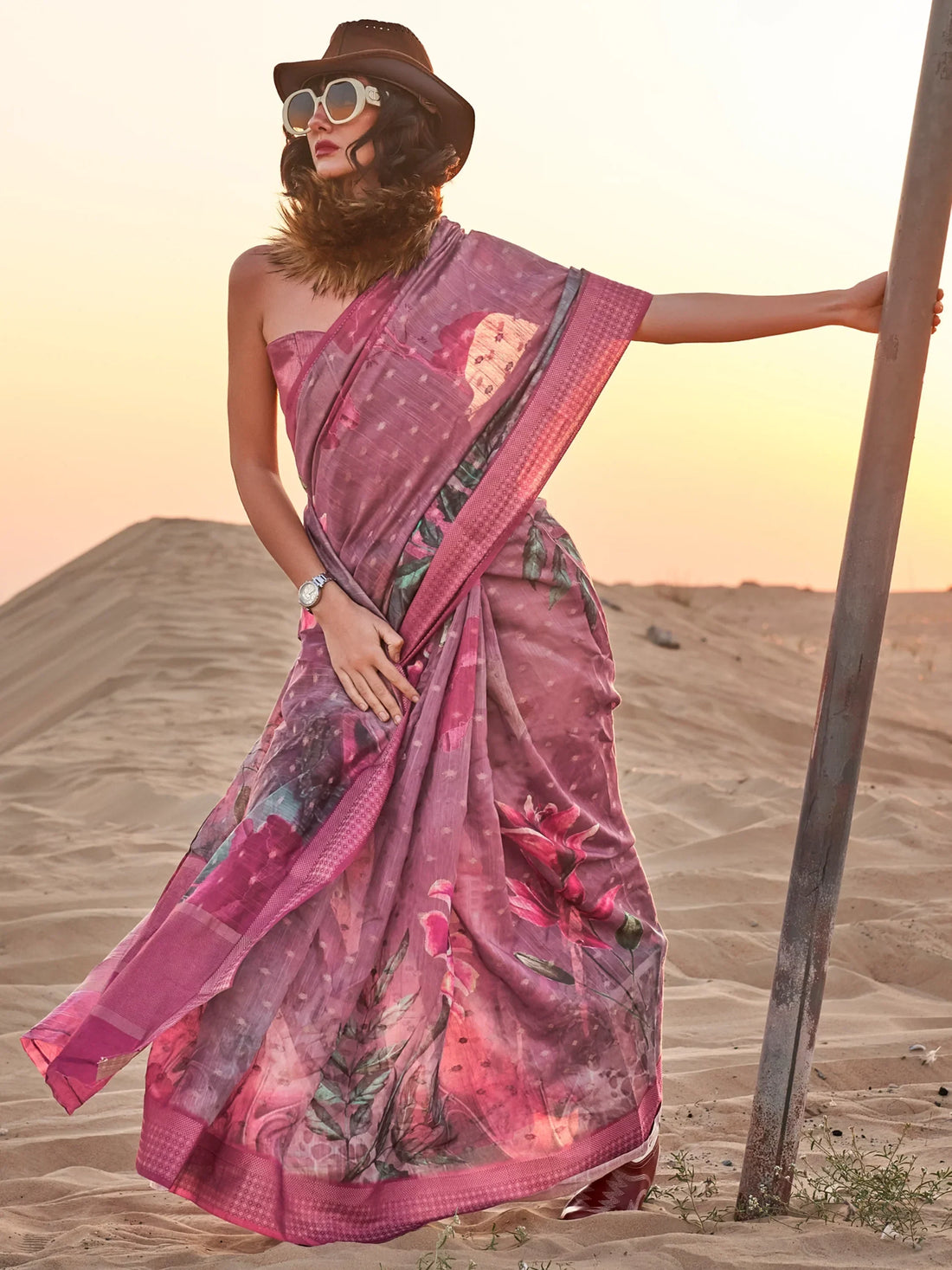 Beautiful Mauve Printed Linen Event Wear Saree With Blouse - Zeel Clothing