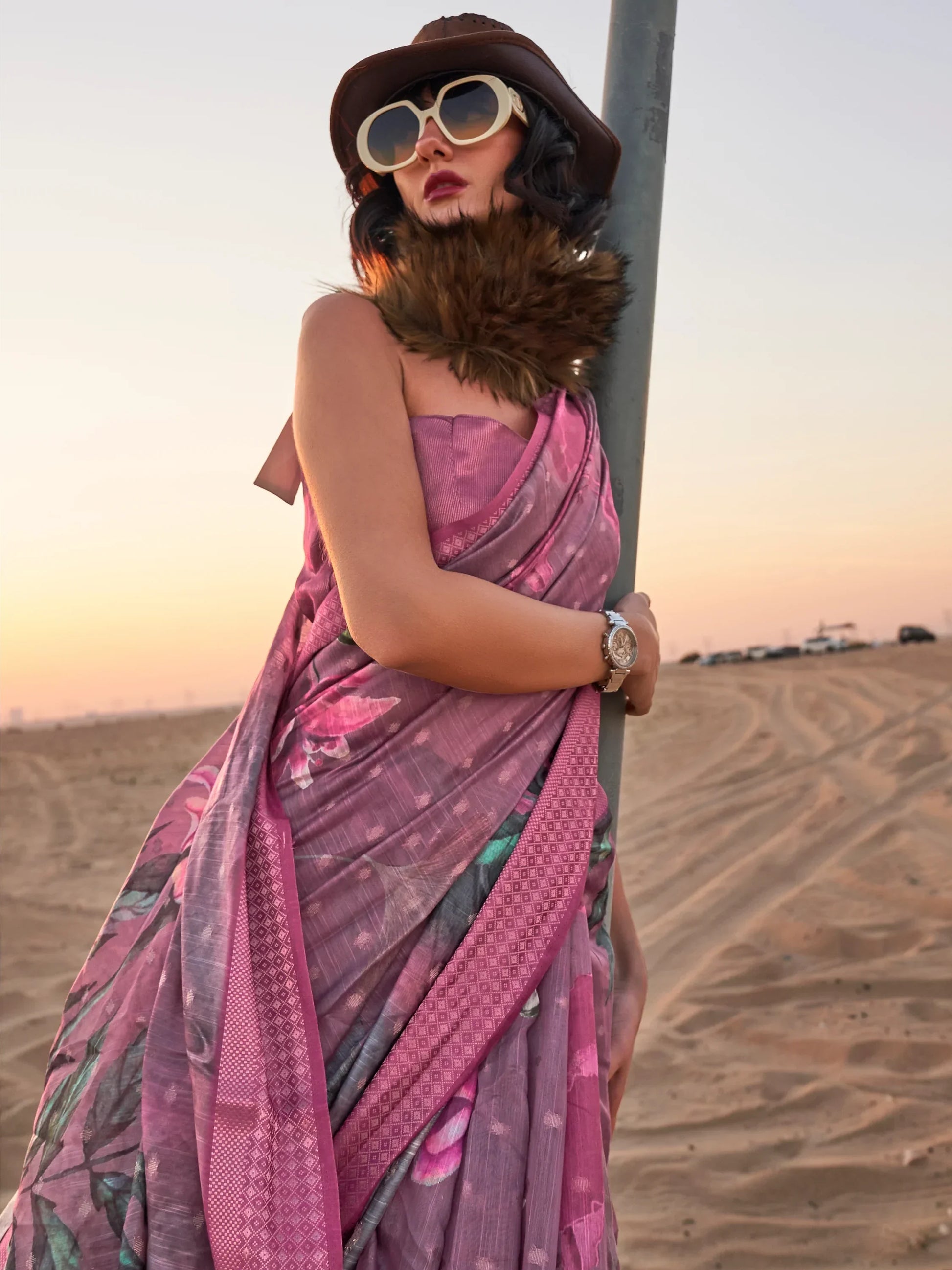 Beautiful Mauve Printed Linen Event Wear Saree With Blouse - Zeel Clothing