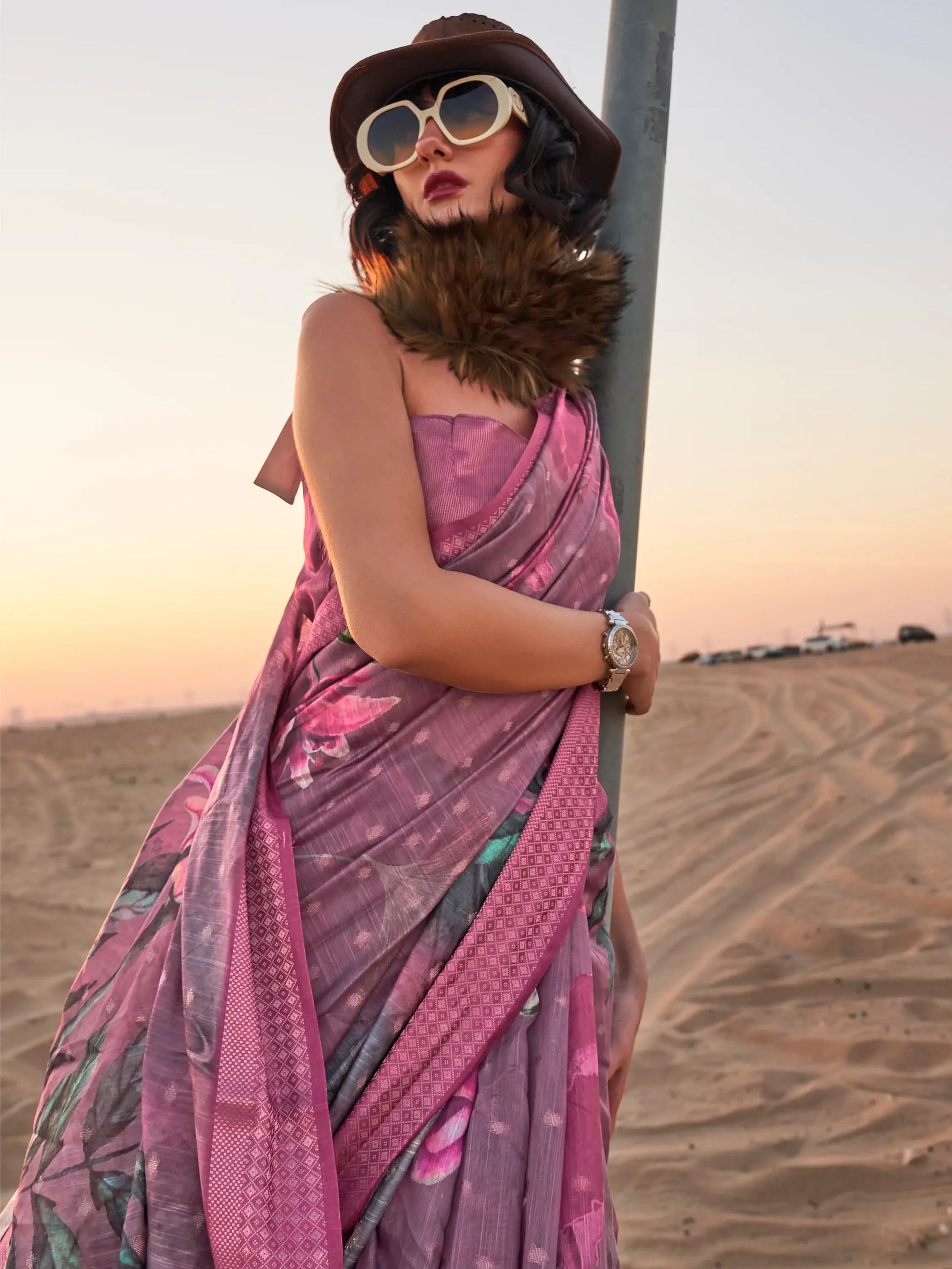 Beautiful Mauve Printed Linen Event Wear Saree With Blouse - Zeel Clothing