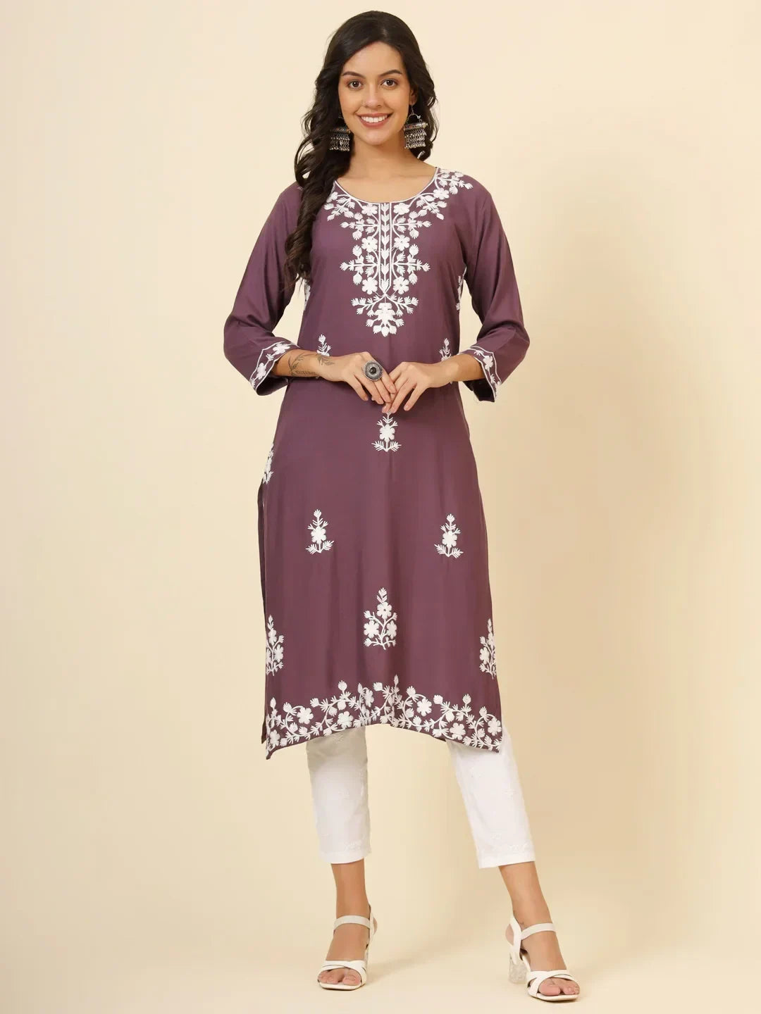 Beautiful Mauve Thread Embroidery Rayon Casual Wear Kurti - Zeel Clothing