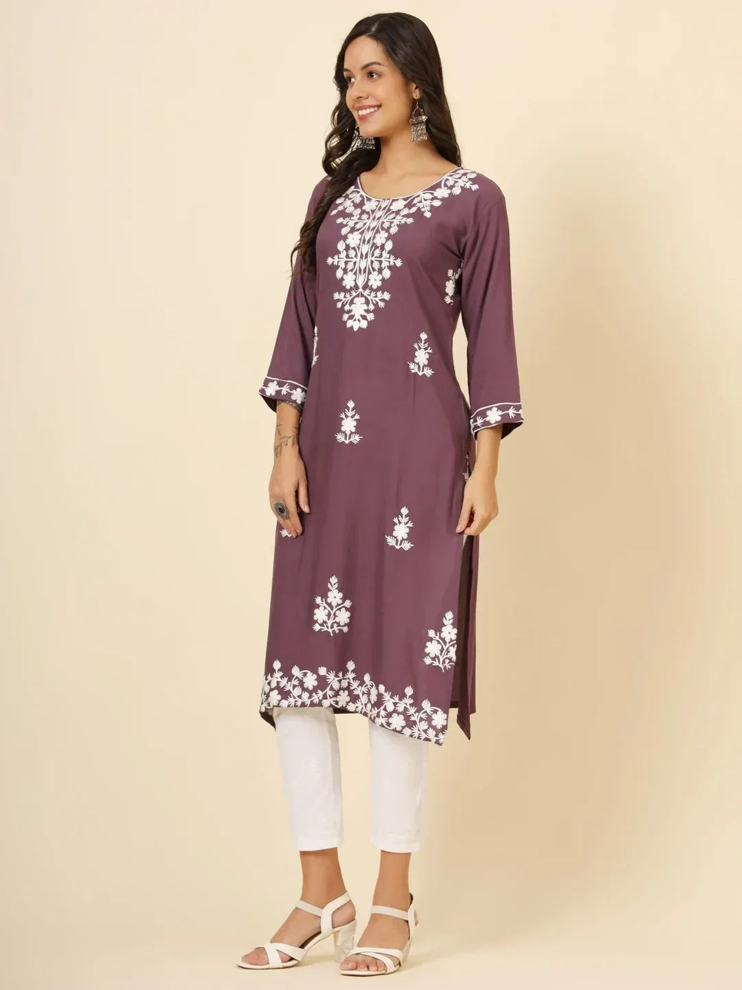 Beautiful Mauve Thread Embroidery Rayon Casual Wear Kurti - Zeel Clothing