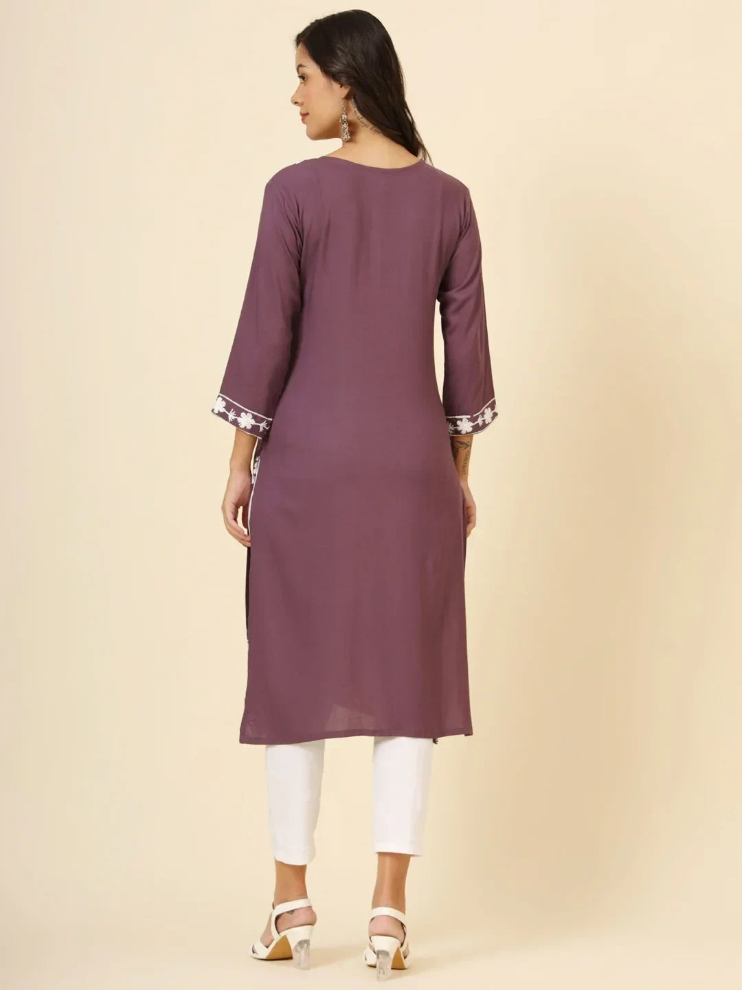 Beautiful Mauve Thread Embroidery Rayon Casual Wear Kurti - Zeel Clothing
