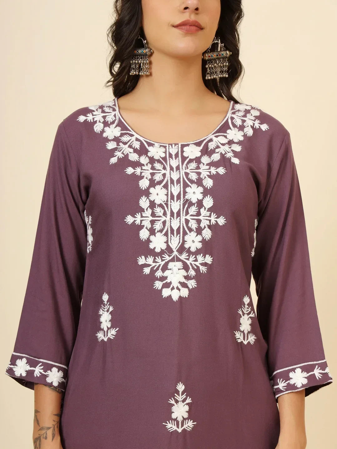 Beautiful Mauve Thread Embroidery Rayon Casual Wear Kurti - Zeel Clothing