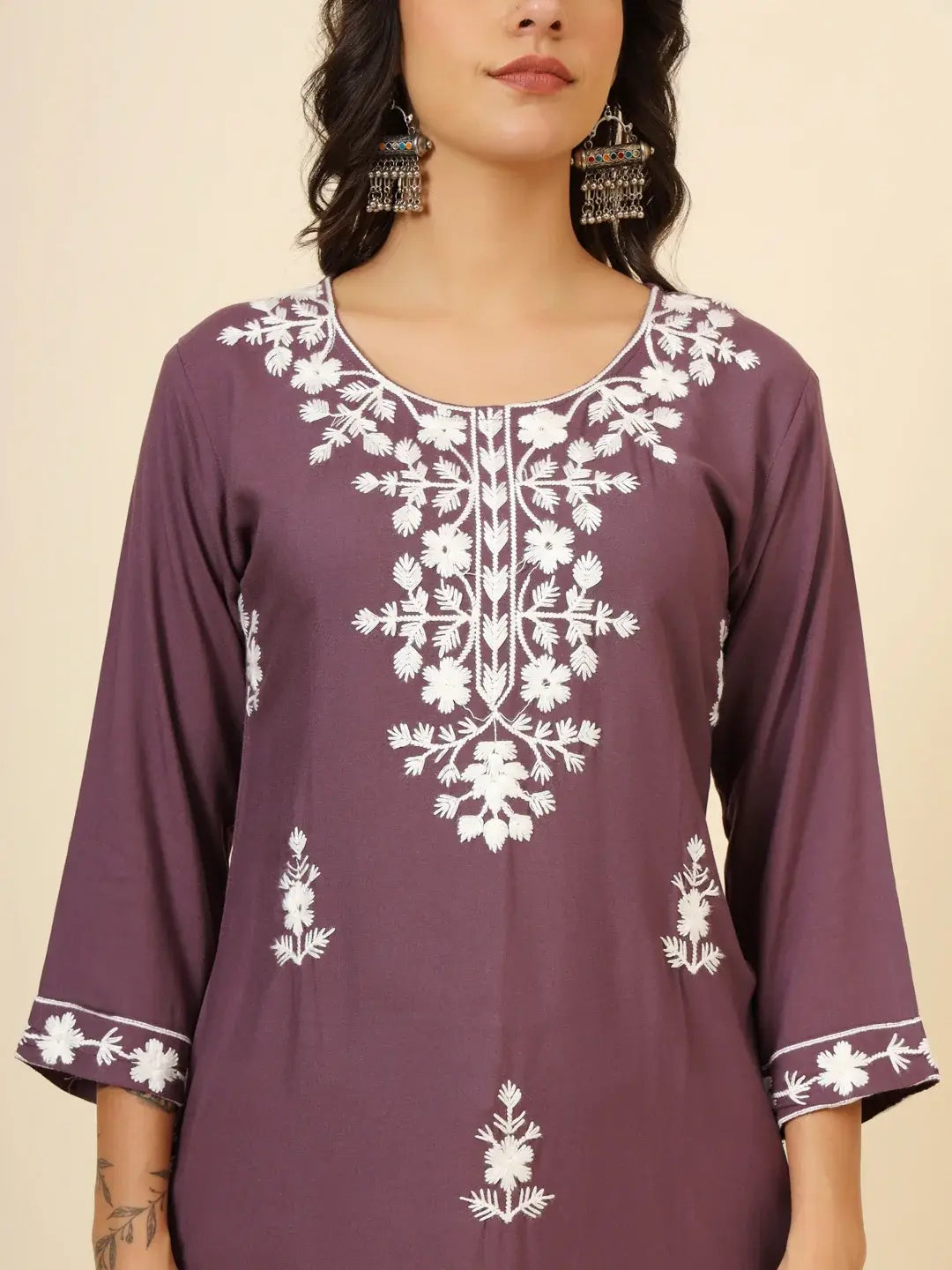 Beautiful Mauve Thread Embroidery Rayon Casual Wear Kurti - Zeel Clothing