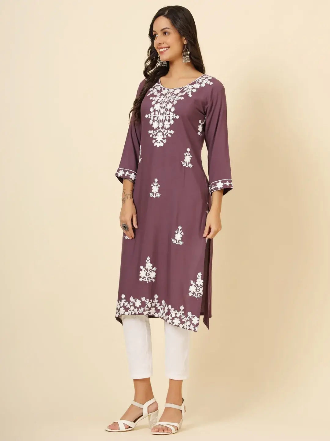 Beautiful Mauve Thread Embroidery Rayon Casual Wear Kurti - Zeel Clothing