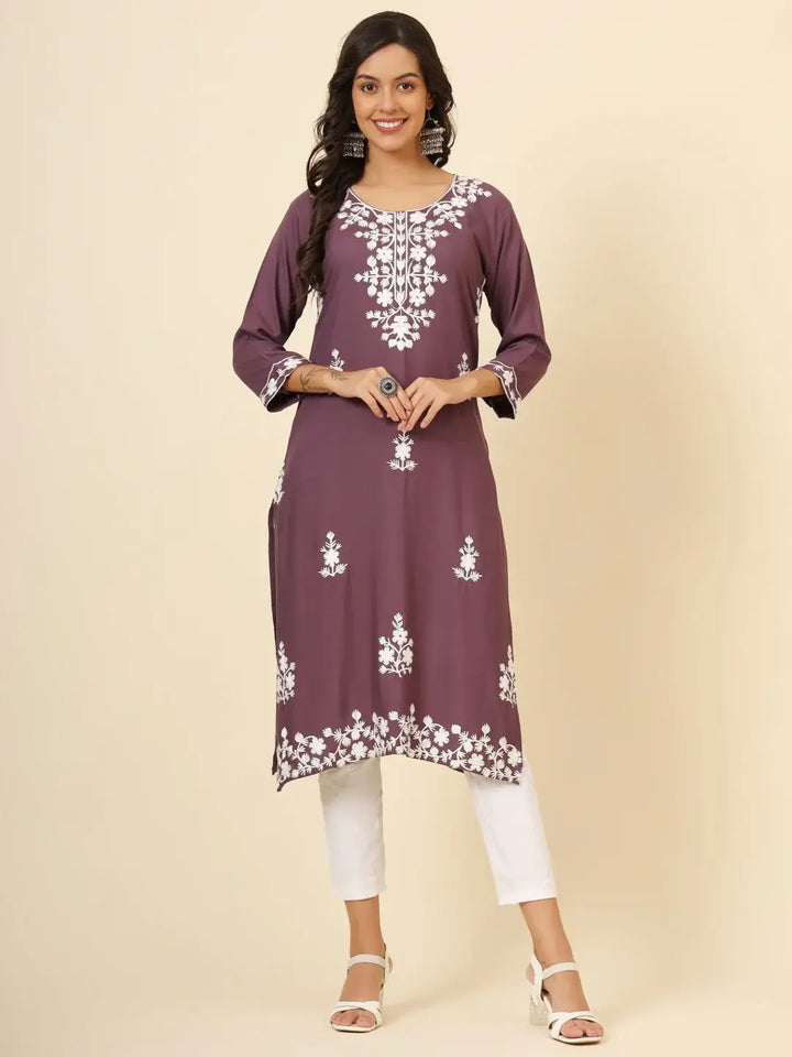 Beautiful Mauve Thread Embroidery Rayon Casual Wear Kurti - Zeel Clothing