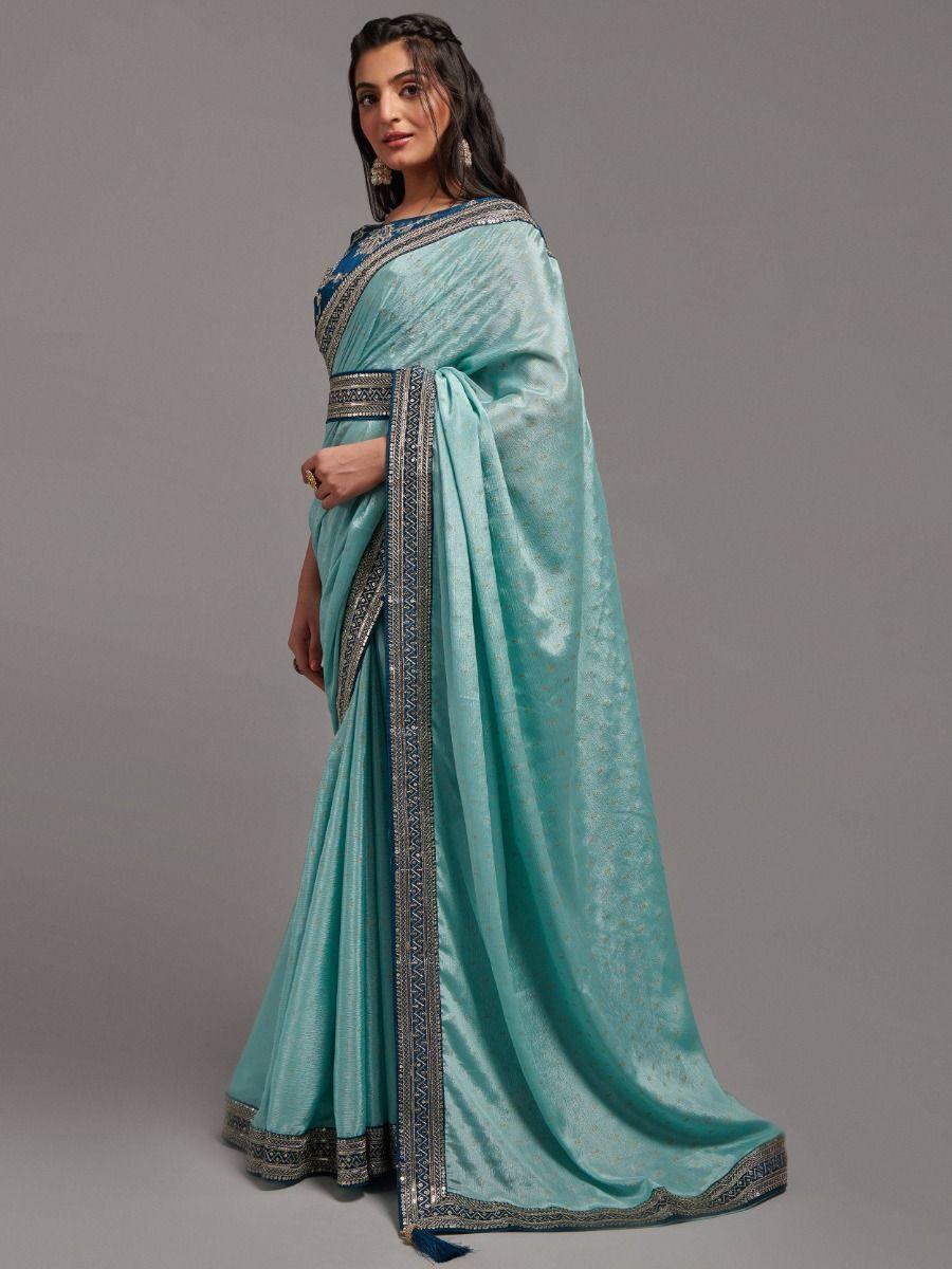 Beautiful Mint Blue Chinon Saree With Embroidered Blouse