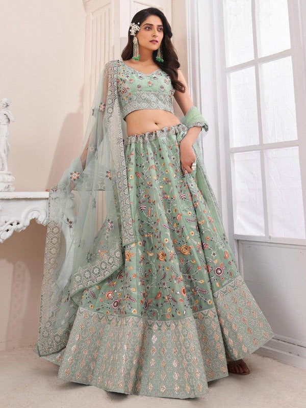 Beautiful Mint Green Silk Floral Thread Work Function Wear Lehenga Choli - Zeel Clothing