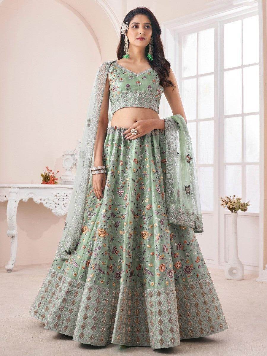 Beautiful Mint Green Silk Floral Thread Work Function Wear Lehenga Choli - Zeel Clothing