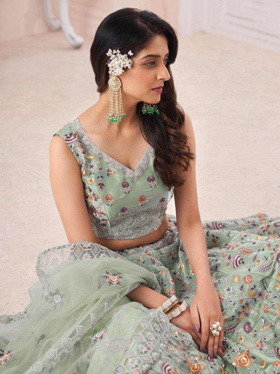 Beautiful Mint Green Silk Floral Thread Work Function Wear Lehenga Choli - Zeel Clothing