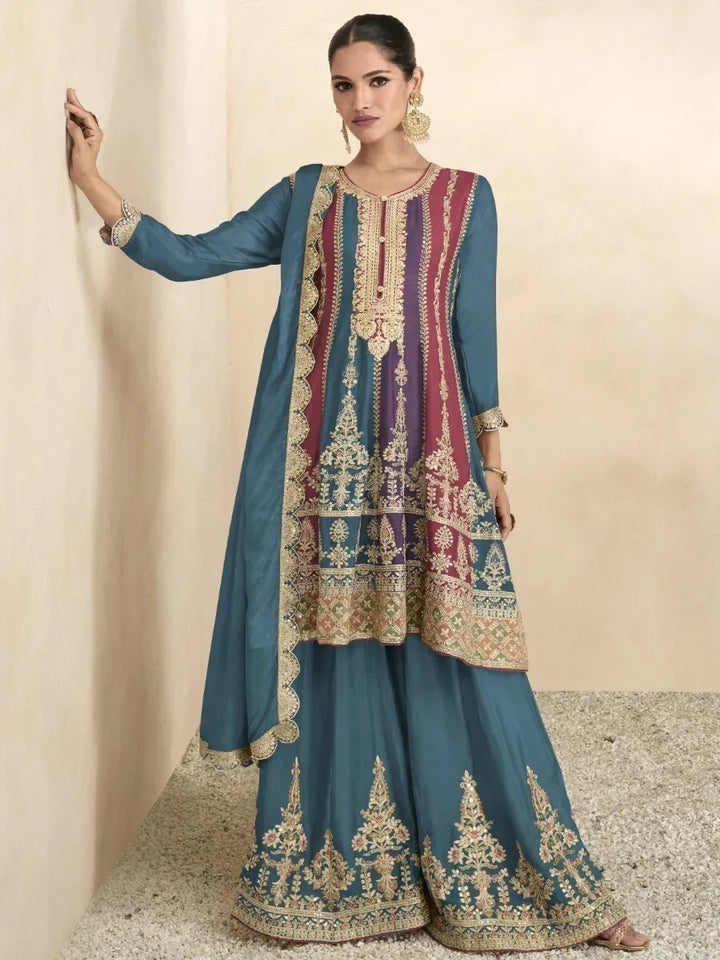 Beautiful Multi-Color Embroidered Chinon Wedding Wear Palazzo Suits