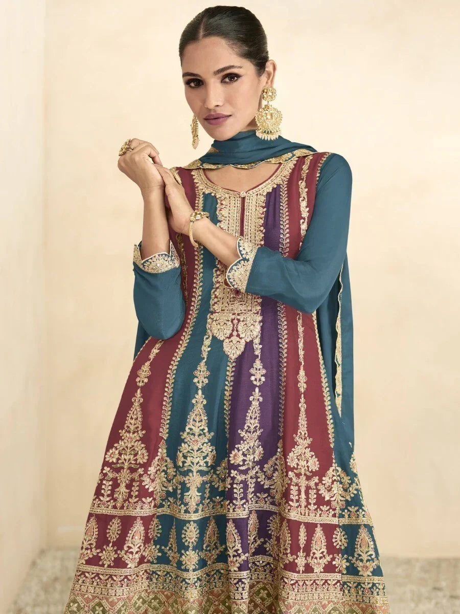 Beautiful Multi-Color Embroidered Chinon Wedding Wear Palazzo Suits