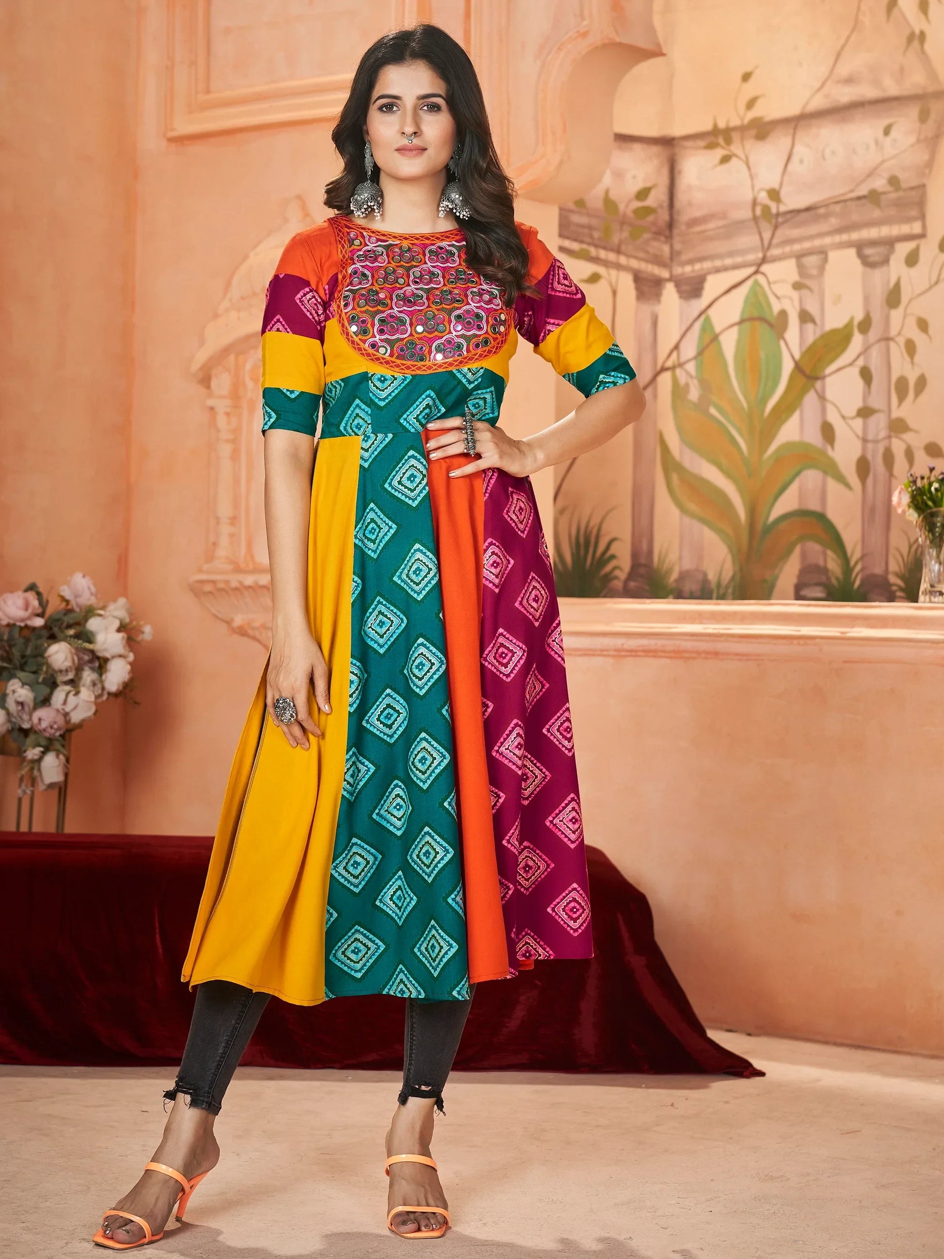 Beautiful Multi-Color Embroidered Rayon Navratri Wear Kurti - Zeel Clothing