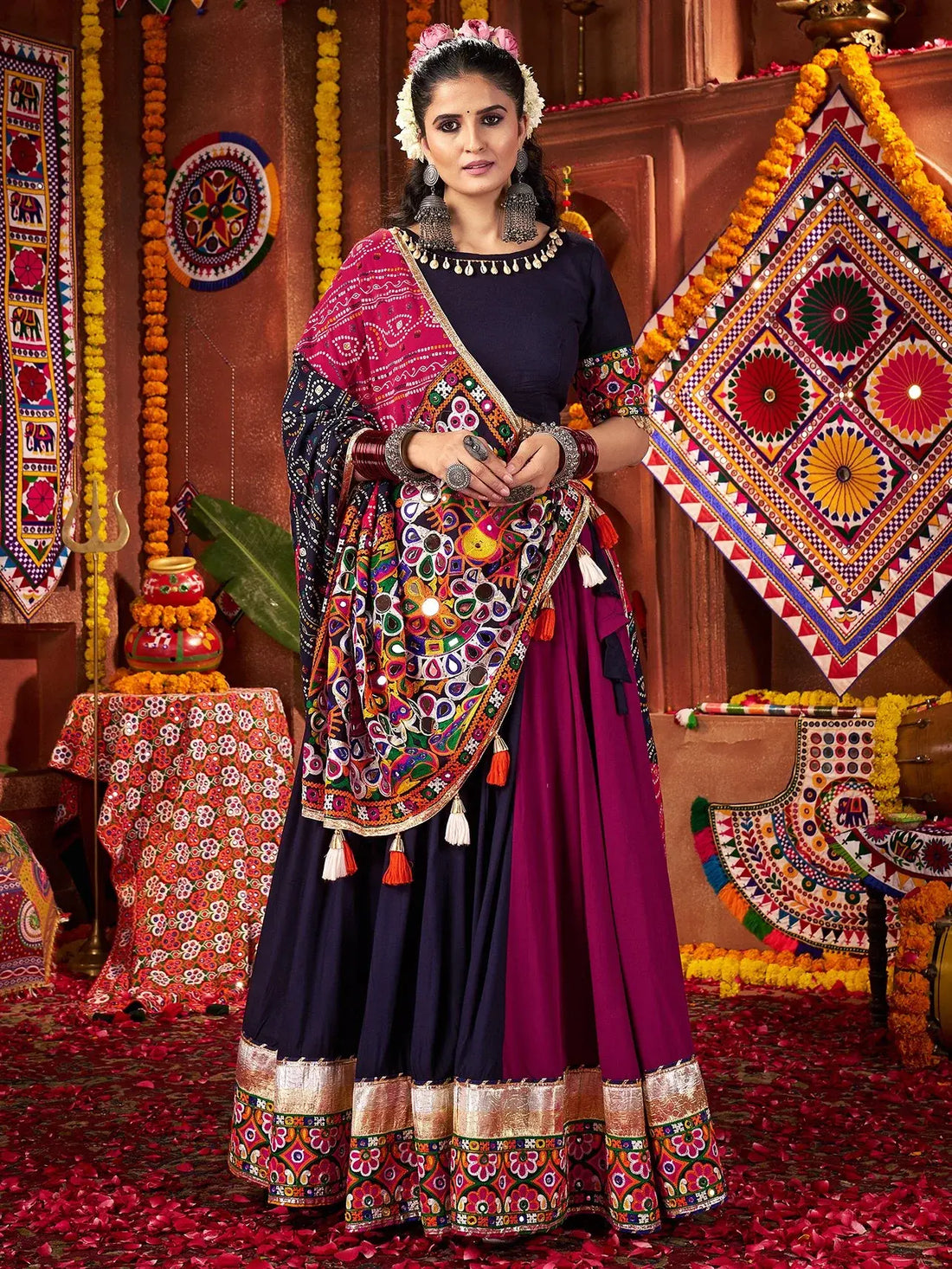 Beautiful Multi-Color Thread Work Cotton Navratri Wear Lehenga Choli - Zeel Clothing