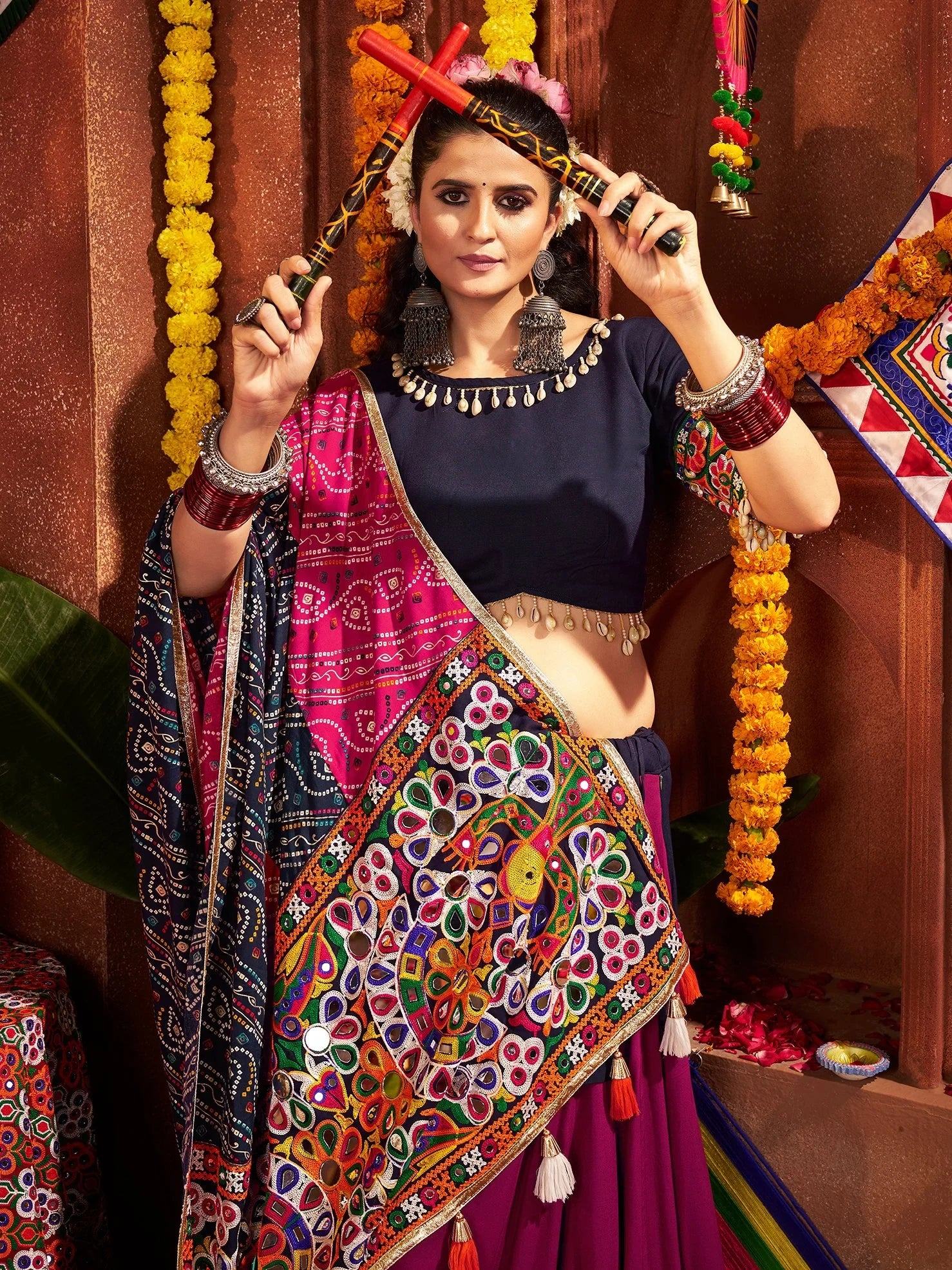 Beautiful Multi-Color Thread Work Cotton Navratri Wear Lehenga Choli - Zeel Clothing