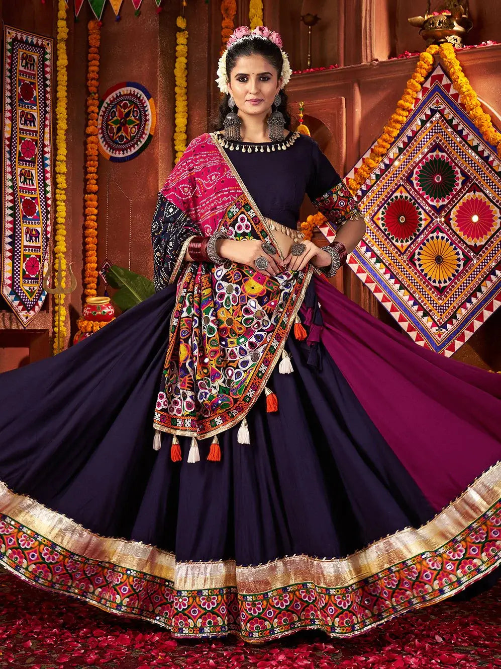 Beautiful Multi-Color Thread Work Cotton Navratri Wear Lehenga Choli - Zeel Clothing