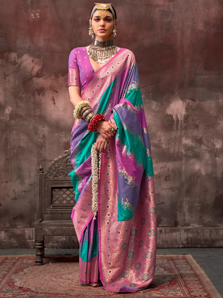Beautiful Multi Color Zari Weaving Silk Event Wear Saree With Blouse - Zeel Clothing