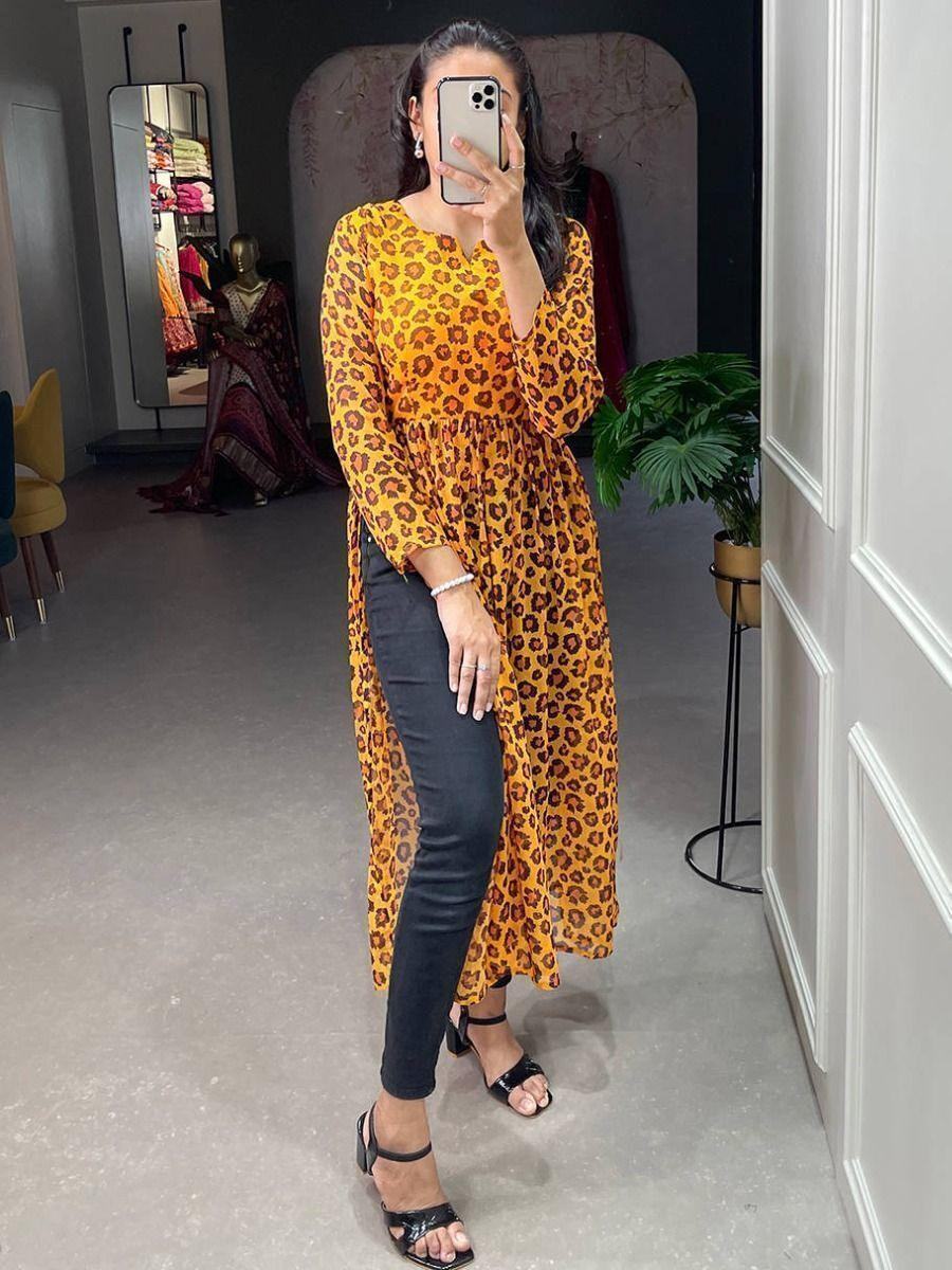 Beautiful Mustard Animal Printed Chiffon Nayra Cut Festival Wear Kurti - Zeel Clothing