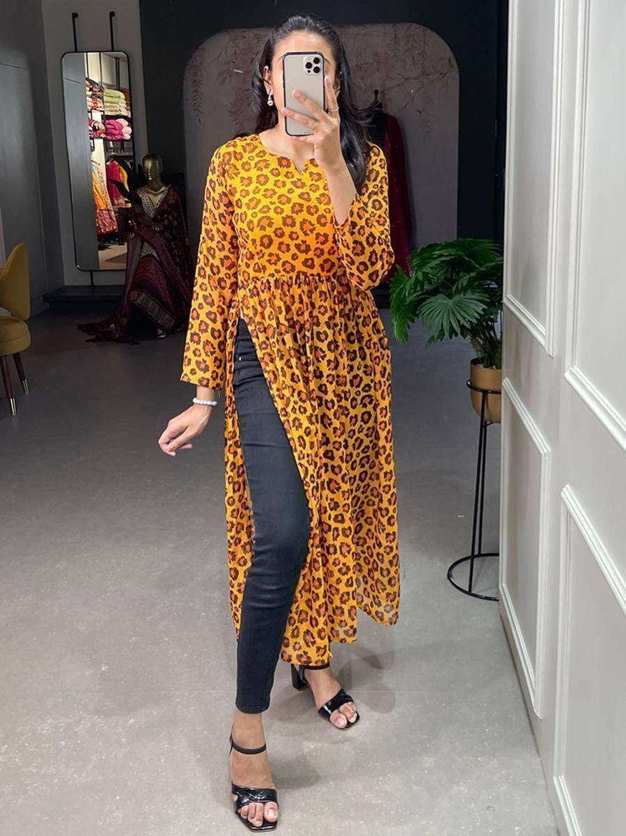 Beautiful Mustard Animal Printed Chiffon Nayra Cut Festival Wear Kurti - Zeel Clothing