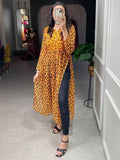 Beautiful Mustard Animal Printed Chiffon Nayra Cut Festival Wear Kurti - Zeel Clothing