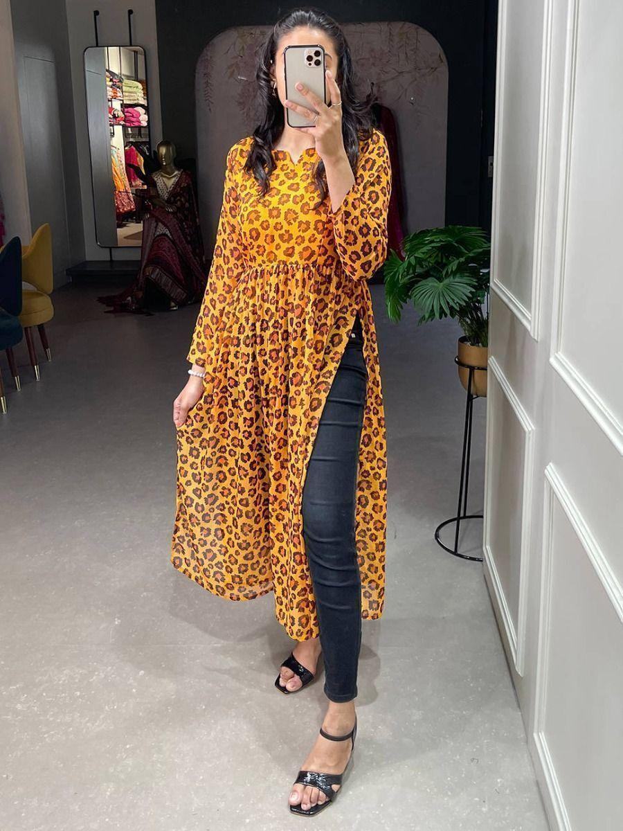 Beautiful Mustard Animal Printed Chiffon Nayra Cut Festival Wear Kurti - Zeel Clothing