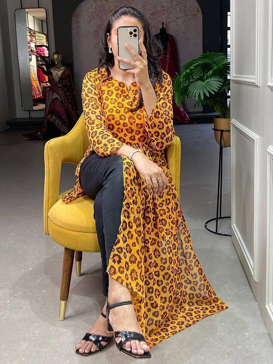 Beautiful Mustard Animal Printed Chiffon Nayra Cut Festival Wear Kurti - Zeel Clothing