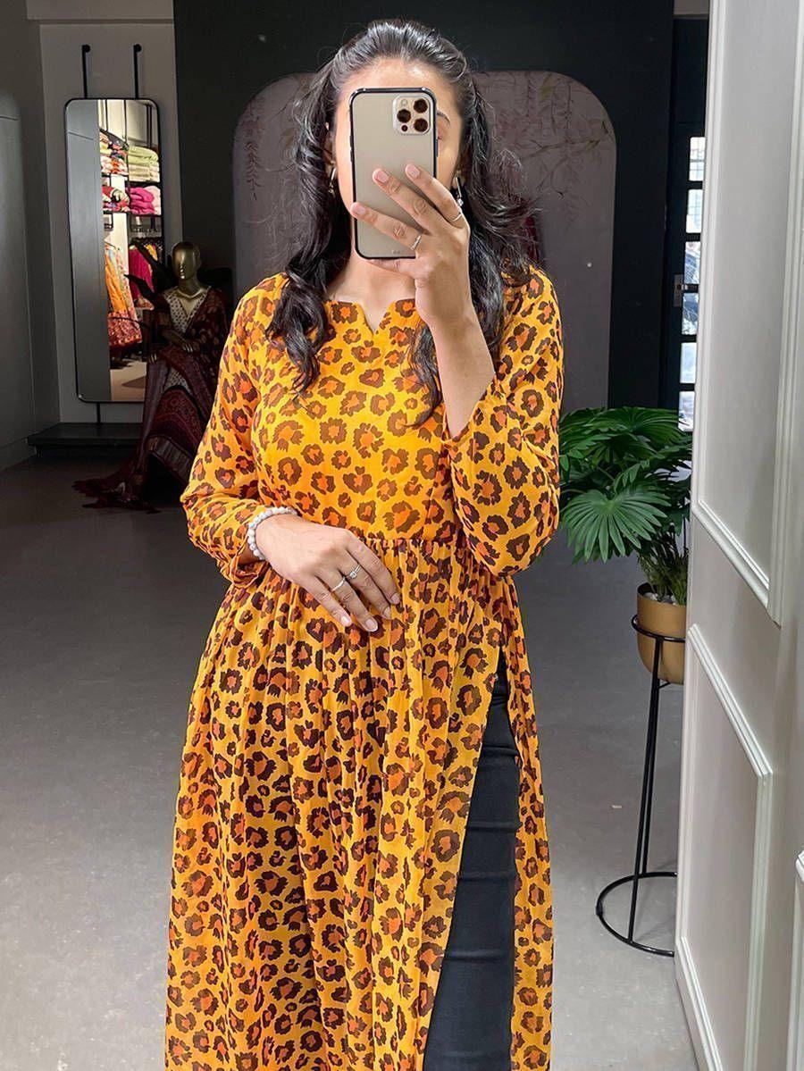 Beautiful Mustard Animal Printed Chiffon Nayra Cut Festival Wear Kurti - Zeel Clothing