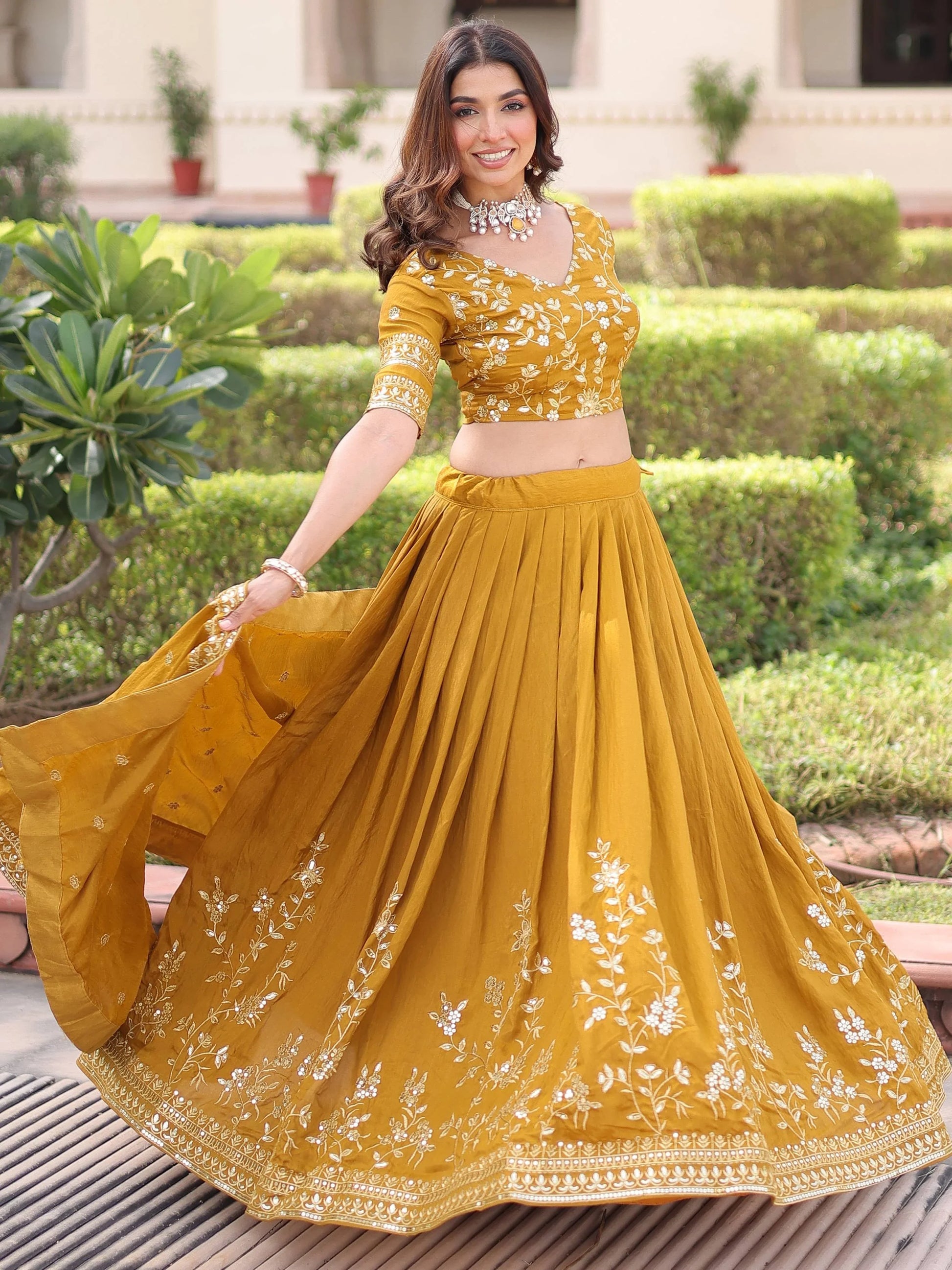 Beautiful Mustard Yellow Sequins Silk Haldi Wear Lehenga Choli With Dupatta