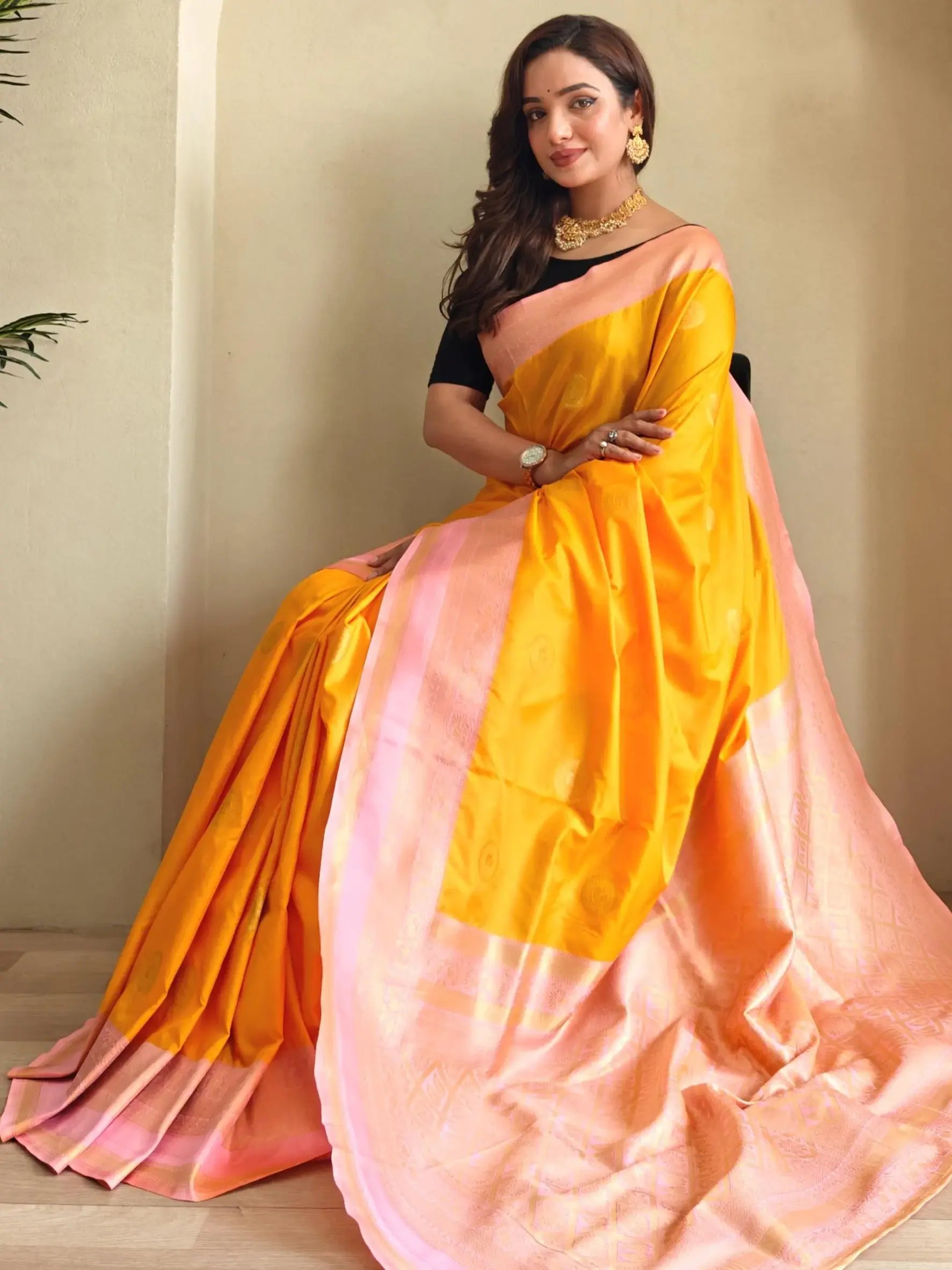 Beautiful Mustard Yellow Zari Weaving Silk Festive Wear Saree With Blouse - Zeel Clothing