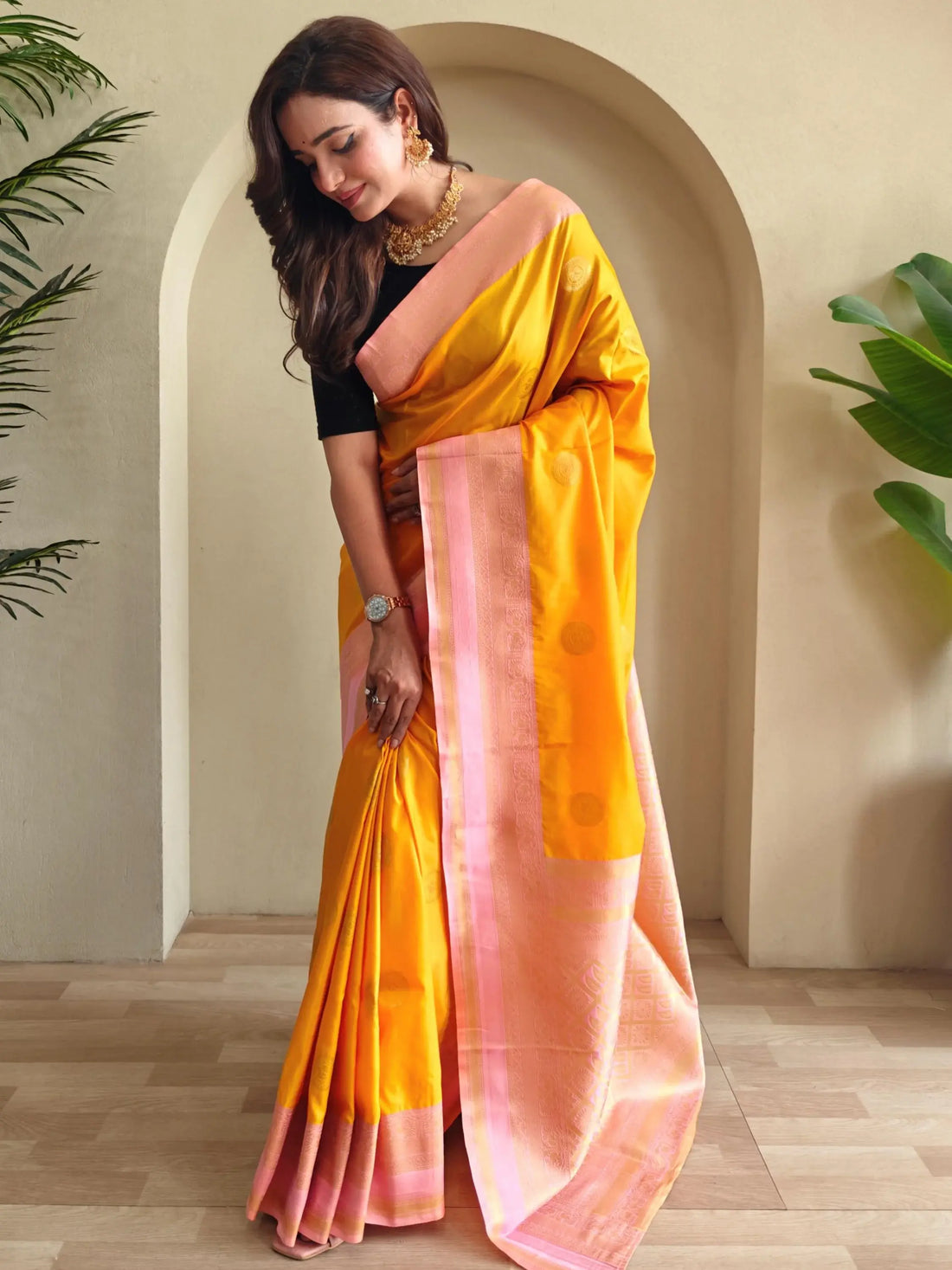 Beautiful Mustard Yellow Zari Weaving Silk Festive Wear Saree With Blouse - Zeel Clothing