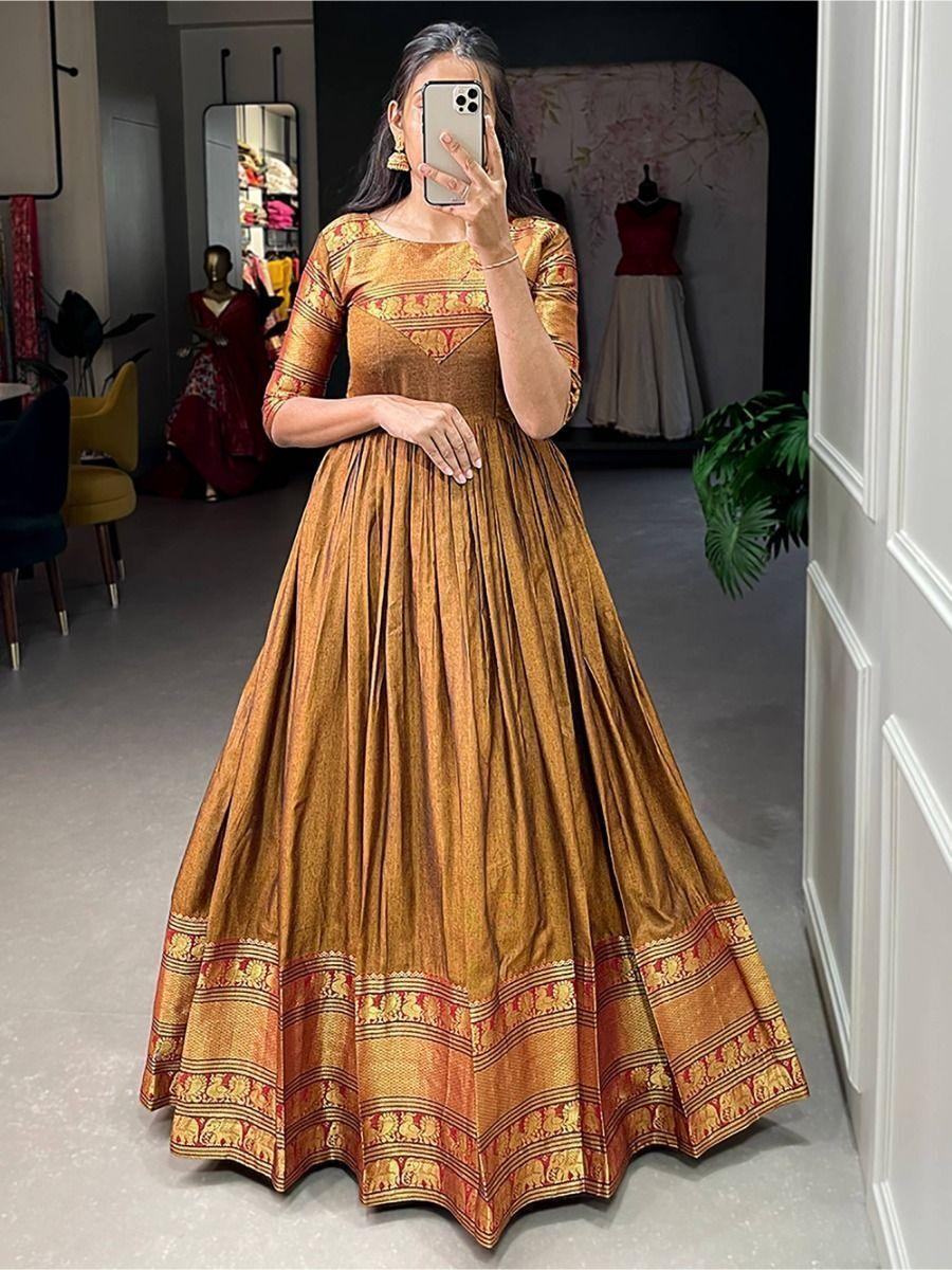 Beautiful Mustard Zari Woven Cotton Readymade Festival Wear Gown