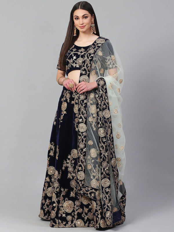 Beautiful Navy Blue Colored Party Wear Designer Embroidered Velvet Lehenga Choli