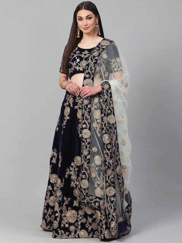 Beautiful Navy Blue Colored Party Wear Designer Embroidered Velvet Lehenga Choli