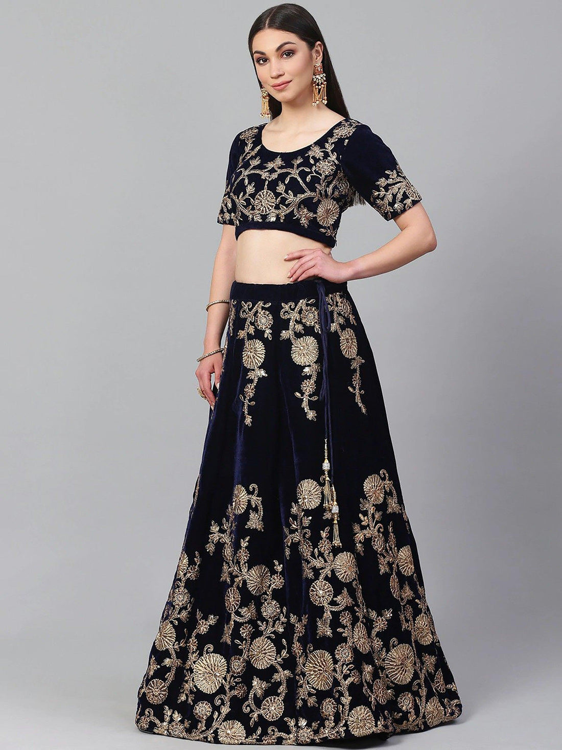 Beautiful Navy Blue Colored Party Wear Designer Embroidered Velvet Lehenga Choli