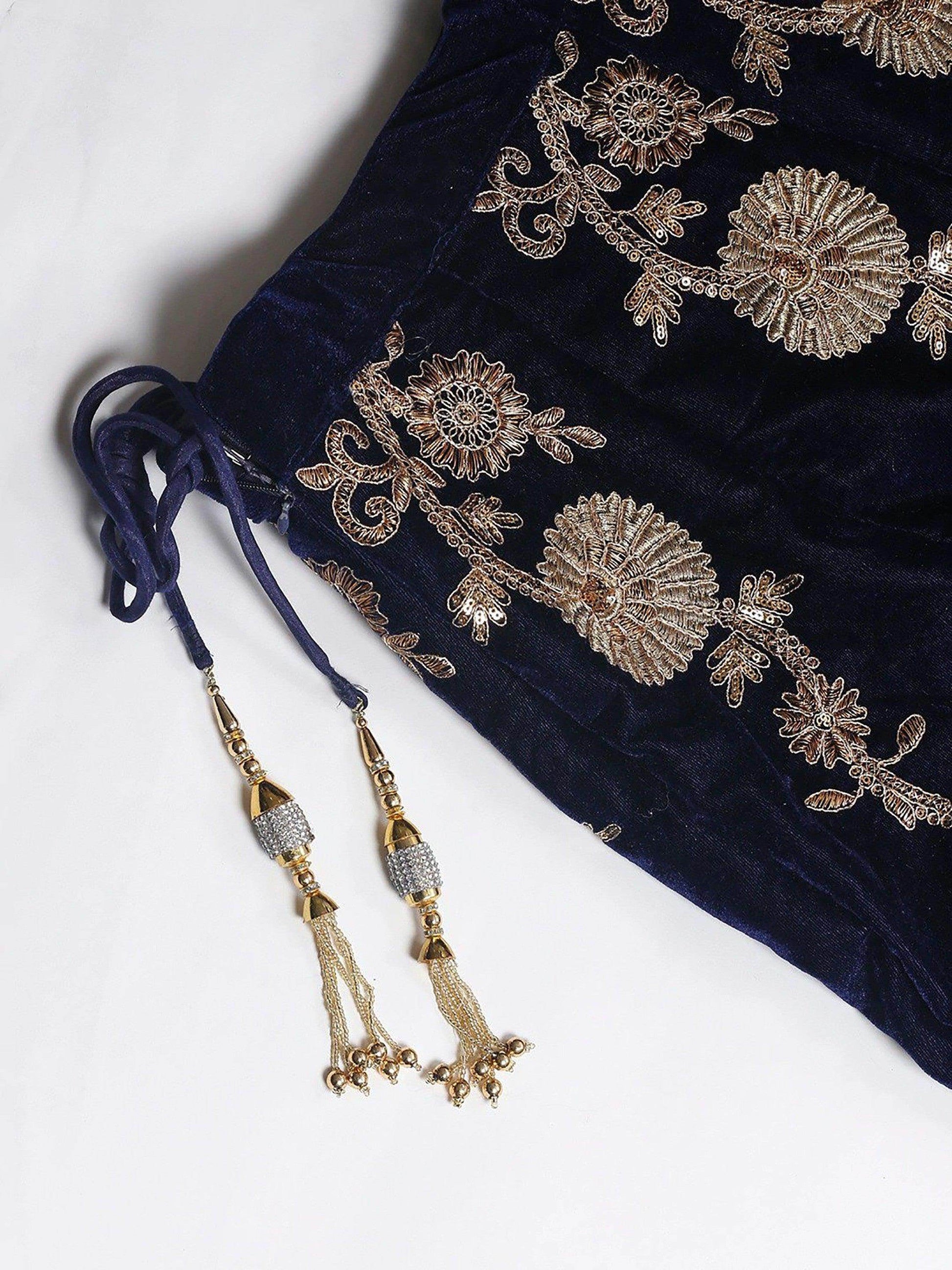 Beautiful Navy Blue Colored Party Wear Designer Embroidered Velvet Lehenga Choli - Zeel Clothing
