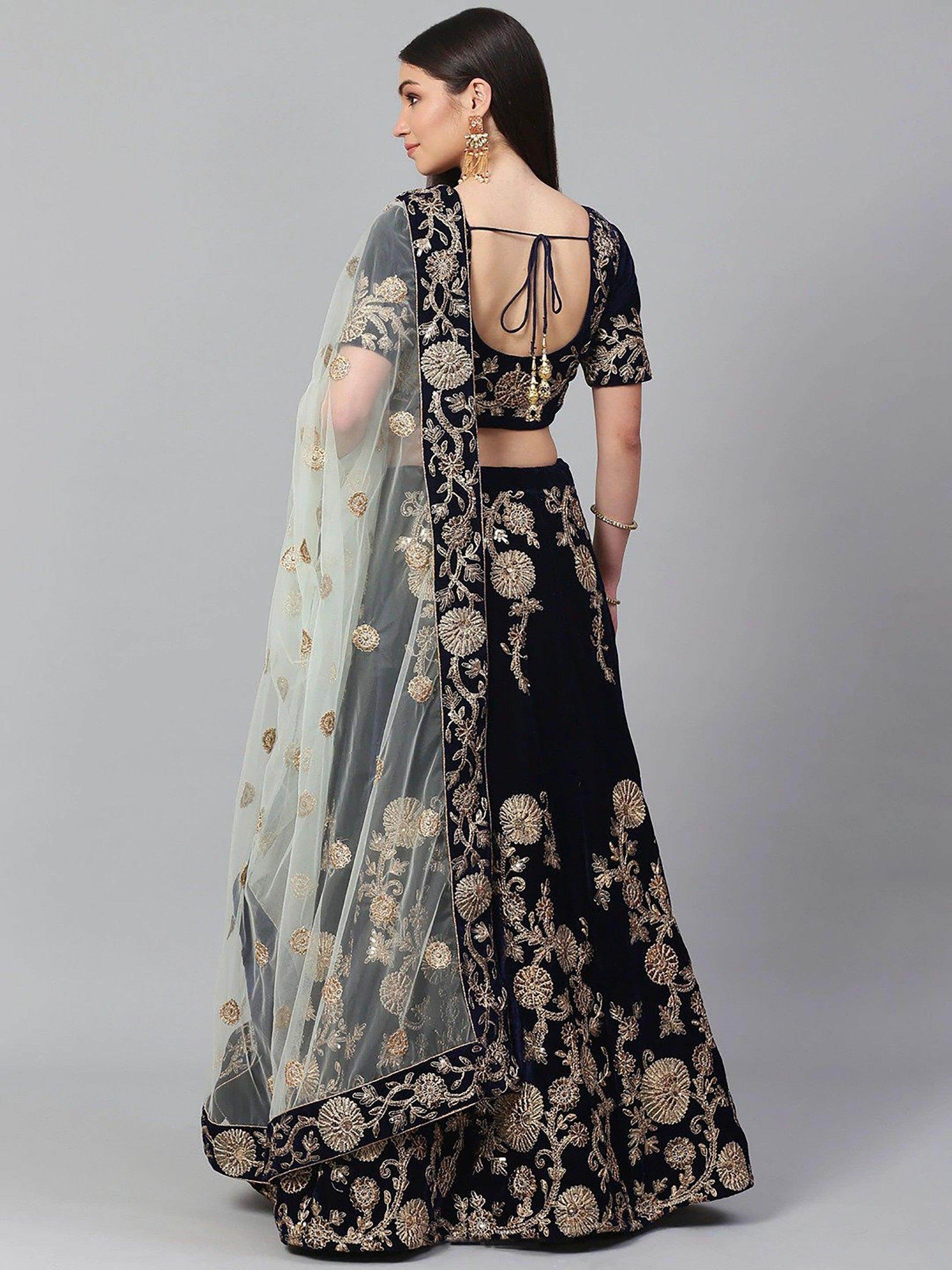 Beautiful Navy Blue Colored Party Wear Designer Embroidered Velvet Lehenga Choli - Zeel Clothing